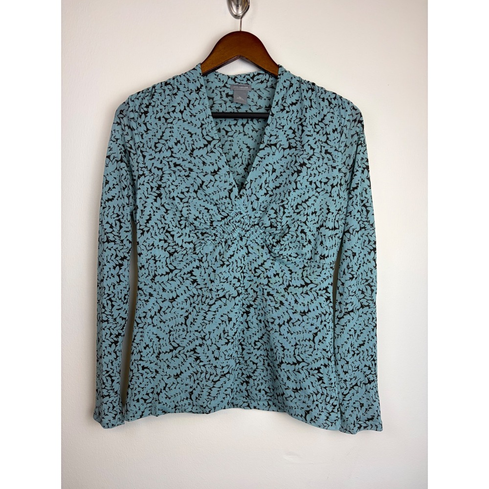 Vintage Y2K Ann Taylor Blouse XL Blue Black Leaf Mesh V-Neck Babydoll Layering